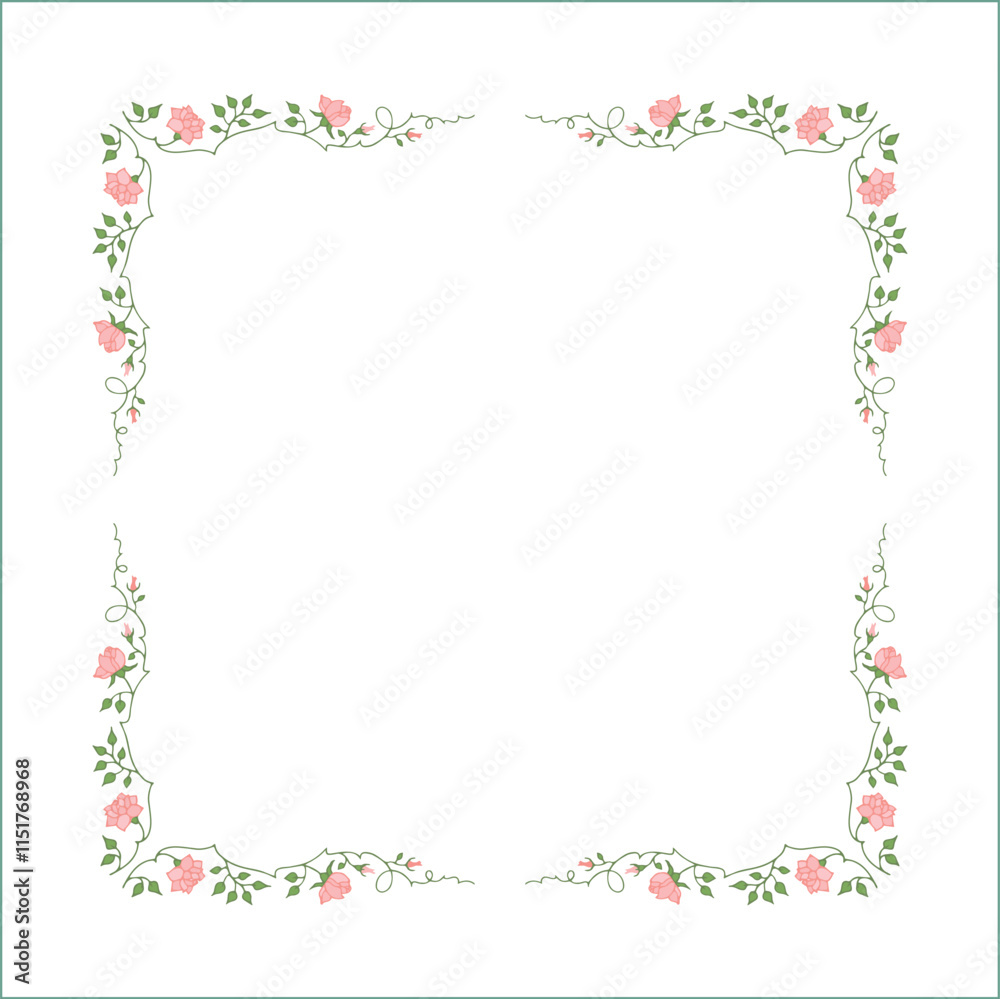 Green vegetal frame with pink rose flowers, rose thorns, climbing, decorative corners for greeting cards, banners, business cards, invitations, menus. Isolated vector illustration.
Green vegetal frame with pink rose flowers, rose thorns, climbing, decorative corners for greeting cards, banners, business cards, invitations, menus. Isolated vector illustration.