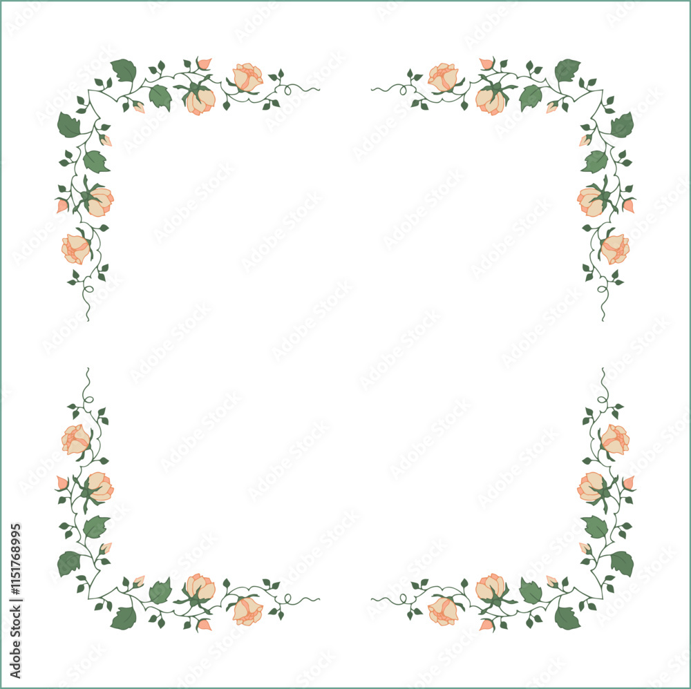 Green vegetal frame with pink rose flowers, rose thorns, climbing, decorative corners for greeting cards, banners, business cards, invitations, menus. Isolated vector illustration.
Green vegetal frame with pink rose flowers, rose thorns, climbing, decorative corners for greeting cards, banners, business cards, invitations, menus. Isolated vector illustration.