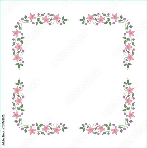 Elegant green vegetal ornamental frame with leaves and pink flowers, clematis; decorative border, corners for greeting cards. Isolated vector illustration	
