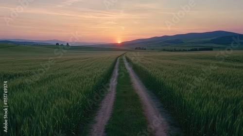 Nature landscape in summer, countryside at sunset, dirt road through green wheat fields, sunset over the fields