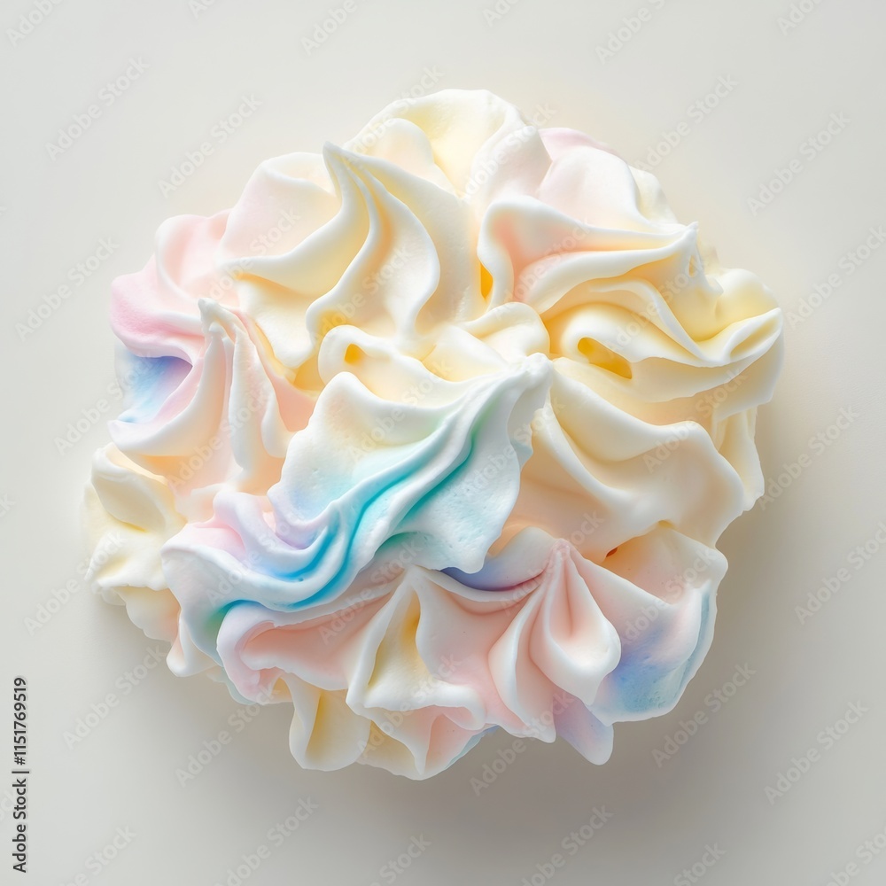 Soft cream-colored whipped cream with pastel accents in a loose, cloud-like formation, centered on white Soft cream-colored whipped cream with pastel accents in a loose, cloud-like formation, centered on white