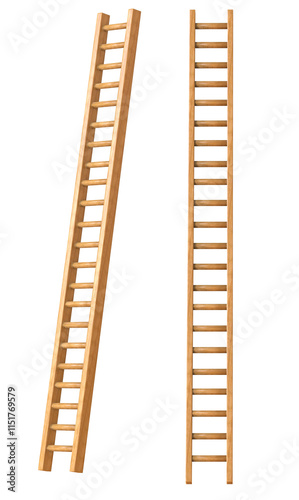 Wooden ladder or stairs. Step ladder on transparency isolated background.