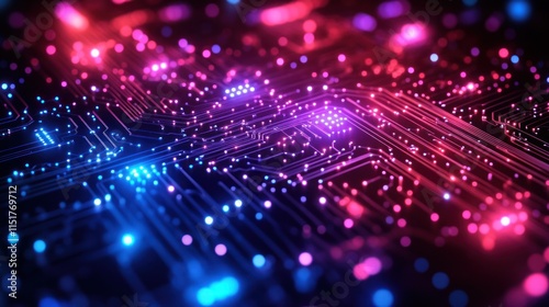 Abstract circuit board with glowing pink and blue lights. Detailed close-up view of intricate electronic pathways.