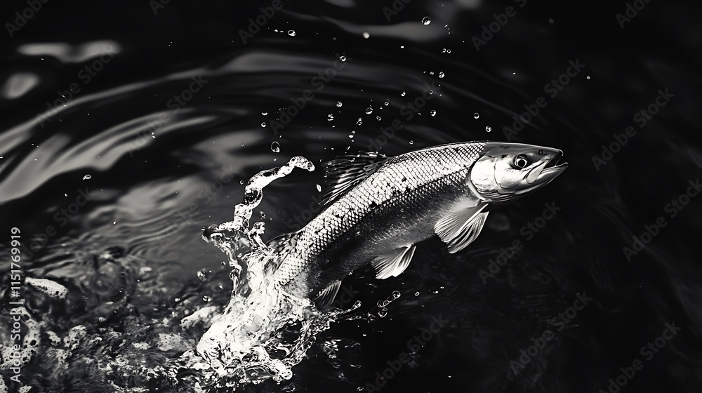 Fototapeta premium A Silver Salmon Leaping Out of Water with a Splash