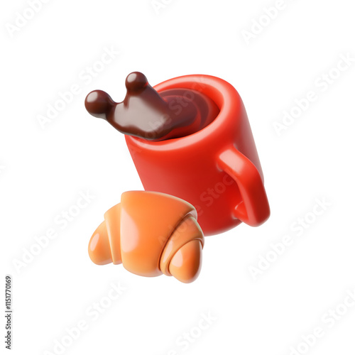 Cup of coffee with French croissant 3D cartoon plastic vector icon, the drink is poured out of the red mug, tasty bakery