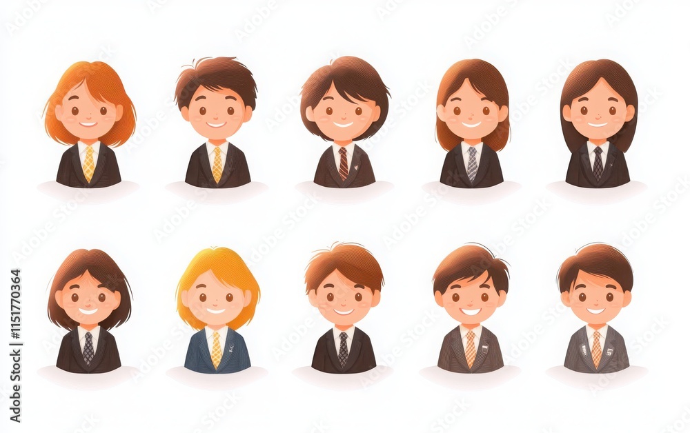 A collection of business avatar icons with smiling men and women, featuring short brown hair and long, straight blonde hair. A collection of business avatar icons with smiling men and women, featuring short brown hair and long, straight blonde hair.