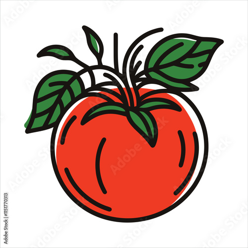 Illustration of a Fresh Tomato with Green Leaves on a White Background