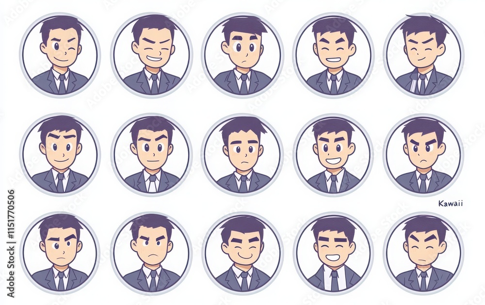 A collection of circular icons depicting an office worker in a suit, with a simple line drawing in a Japanese manga style. A collection of circular icons depicting an office worker in a suit, with a simple line drawing in a Japanese manga style.