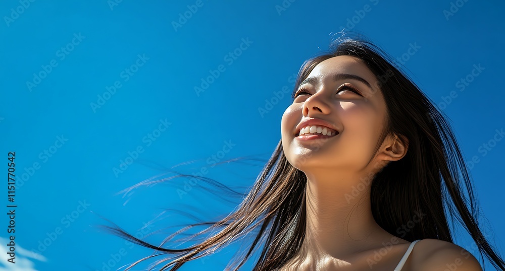 Happy young woman looking up at a bright blue sky, wind blowing her hair. Happy young woman looking up at a bright blue sky, wind blowing her hair.