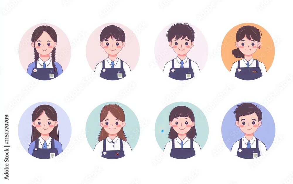 Round avatar icons of business people, both men and women, wearing office uniforms, set against a white background. Round avatar icons of business people, both men and women, wearing office uniforms, set against a white background.