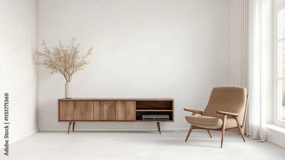 Fototapeta premium A minimalist interior with a wooden table and a tan armchair in a white room