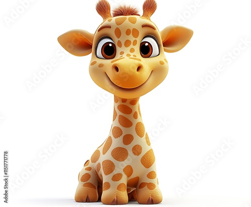 Adorable cartoon baby giraffe sitting, isolated on white background. photo