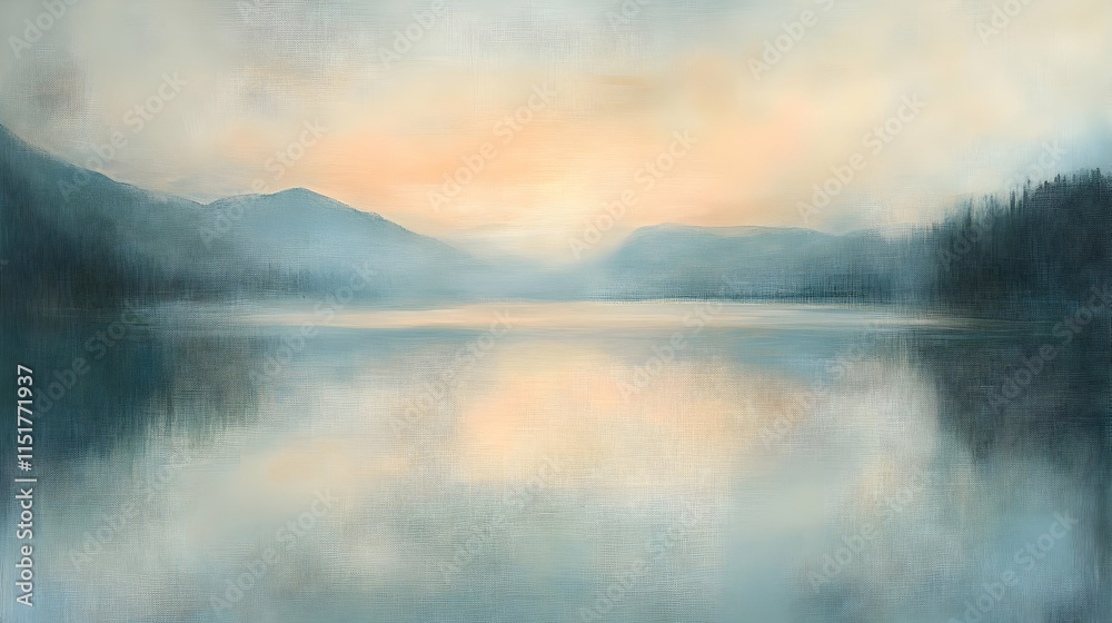 Fototapeta premium Serene landscape featuring misty mountains and a calm lake at sunrise.