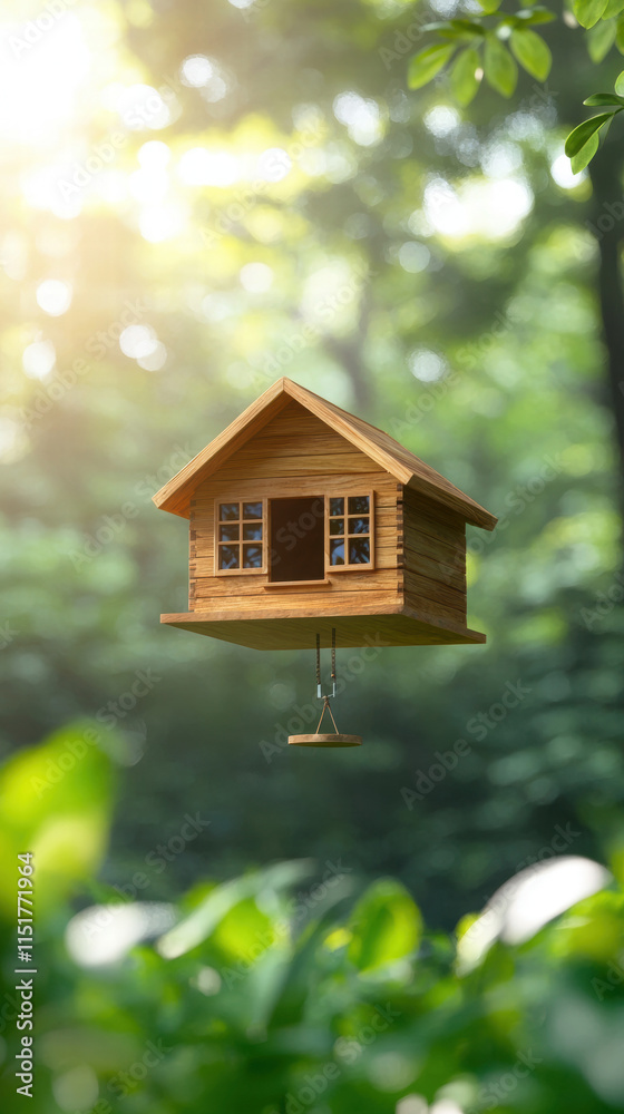 Recycle conservation renewal sustainability concept. Floating wooden house surrounded by lush greenery and sunlight filtering through trees.