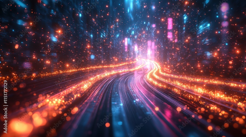 Abstract glowing energy lines forming a swirling path in dark space. Abstract glowing energy lines forming a swirling path in dark space.