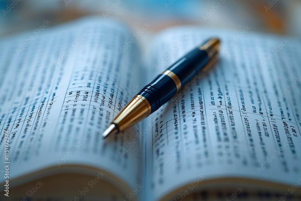 Elegant pen resting on an open notebook filled with handwritten notes. Elegant pen resting on an open notebook filled with handwritten notes.