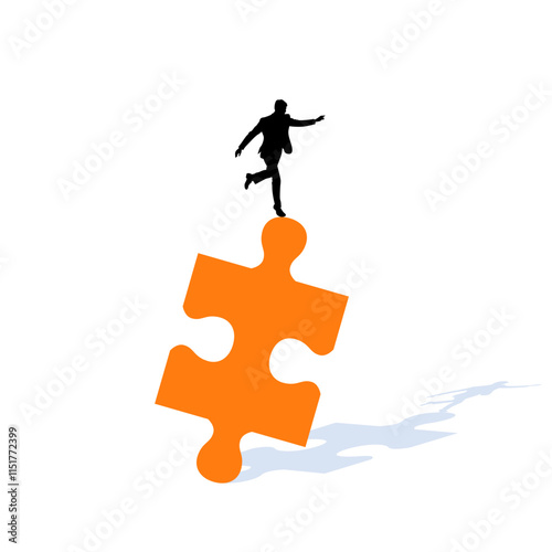 Silhouette of a business person balancing on a jigsaw puzzle piece