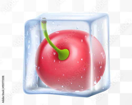 Fresh ripe cherry in ice cube isolated on transparent background. Frozen tasty juicy cherry, realistic 3d vector illustration. Bright summer refreshing design