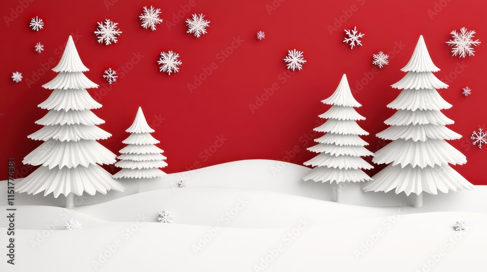 Winter Wonderland Minimalism: A minimalist Christmas scene with paper cut-out snow-covered trees and snowflakes against a bold red background. Winter Wonderland Minimalism: A minimalist Christmas scene with paper cut-out snow-covered trees and snowflakes against a bold red background.