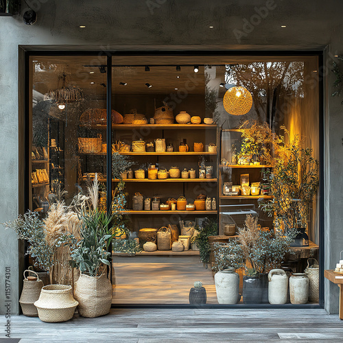 the appearance of a shop with glass showing its products photo