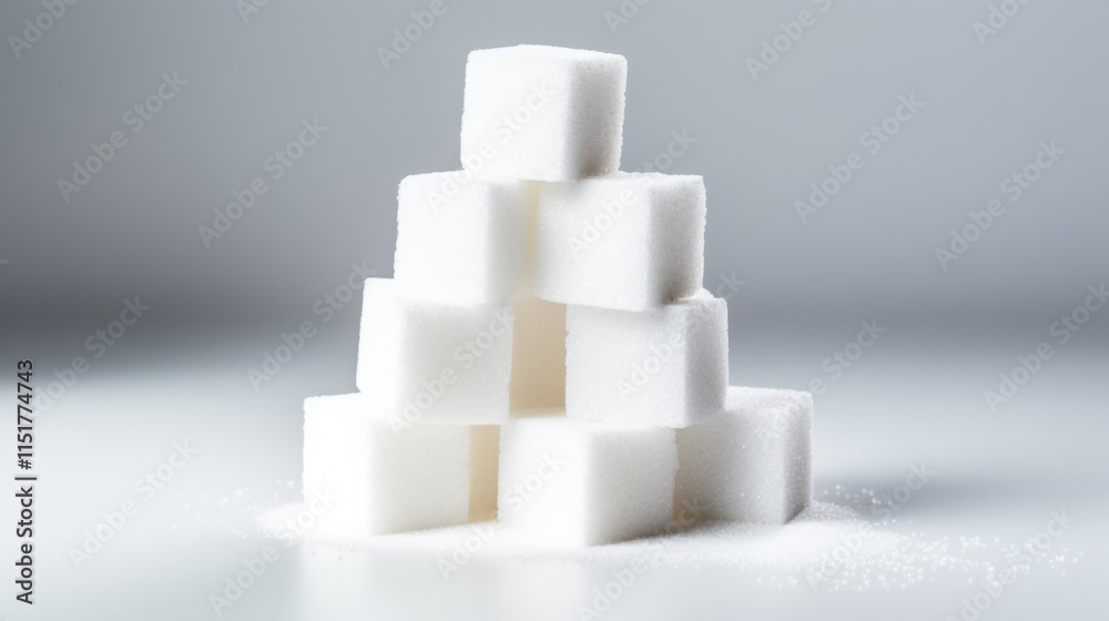 A bright and elegant close-up of stacked sugar cubes, their surfaces glistening under soft light, showcasing texture and culinary appeal on a white background A bright and elegant close-up of stacked sugar cubes, their surfaces glistening under soft light, showcasing texture and culinary appeal on a white background