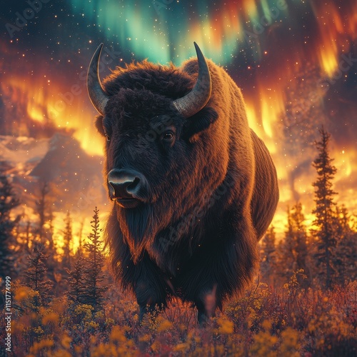 Bison standing in a cosmic landscape with glowing auroras. photo