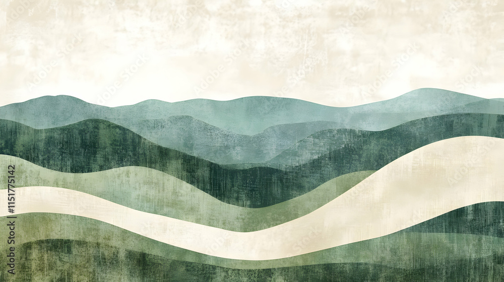 Abstract landscape with layered hills in various shades of green and beige. Abstract landscape with layered hills in various shades of green and beige.