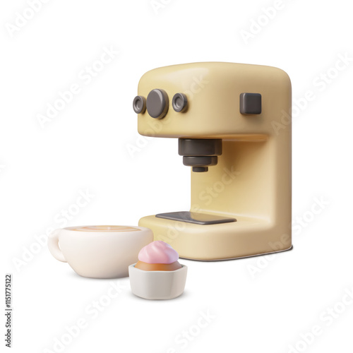 Vector design of a 3D coffee machine with a fresh cup of coffee and dessert