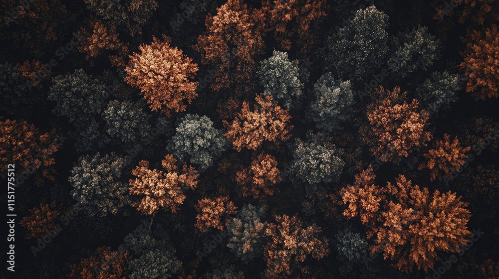 Fototapeta premium Aerial View of Autumnal Forest Canopy Showing Diverse Tree Colors