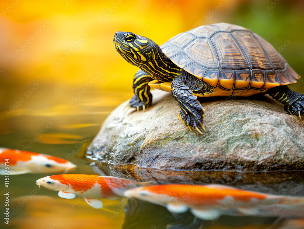 Turtle on Rock Surrounded by Colorful Koi Fish in Serene Garden Pond Setting Turtle on Rock Surrounded by Colorful Koi Fish in Serene Garden Pond Setting
