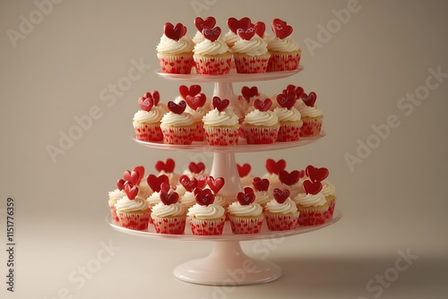 Valentine's Day Cupcake Tower with Red Toppings and Heart Decorations. photo