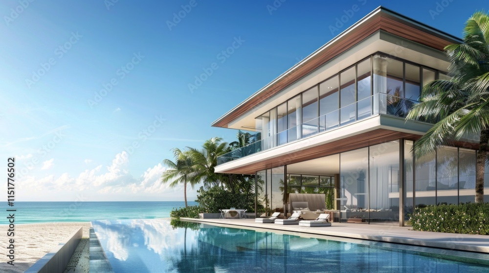 Fototapeta premium A modern beachfront house with glass/wood features, spacious layout maximizing ocean views, infinity pool, and luxe amenities. Coastal luxury and tranquility in detailed design.