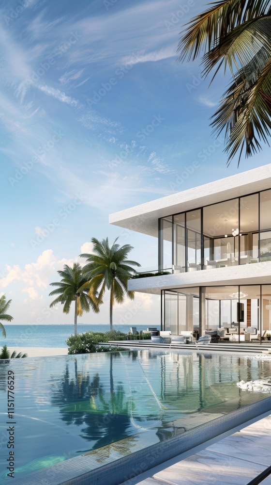 Fototapeta premium A luxurious white modern house by the ocean with a pool, palm trees, and ocean view. Tranquil and upscale atmosphere under a clear blue sky.