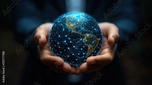 A businessman holding a globe in their hands, a hand holding a globe with a map, a hand clutching the planet, an icon of the internet world in their hands, network technology and communication Artific photo