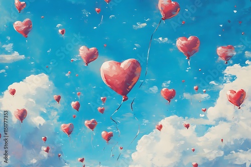 Valentine's Day Heart-Shaped Balloon in a Vibrant Blue Sky. photo