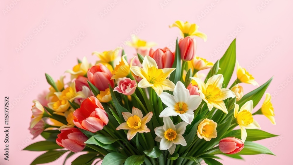 Fototapeta premium Vibrant spring bouquet of tulips and daffodils arranged in a lush floral display against a soft pink background