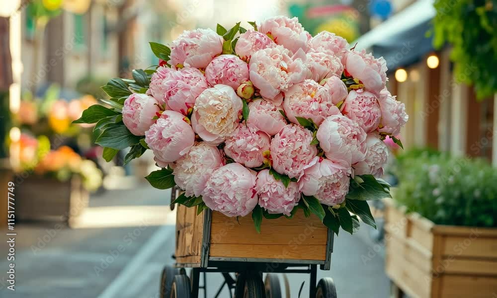 Large bouquet of pink peonies in wooden cart on street