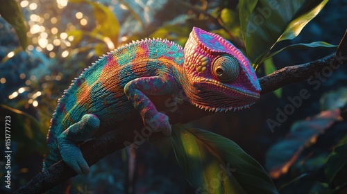 Vibrant chameleon perched on a branch amidst lush foliage.