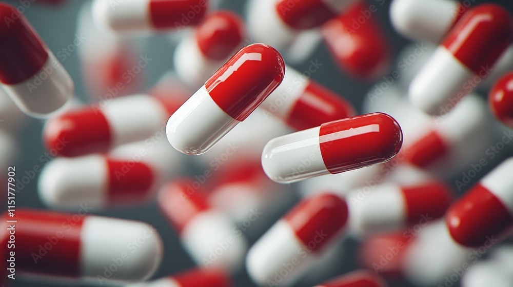 Red and white antibiotic capsules floating in air Red and white antibiotic capsules floating in air