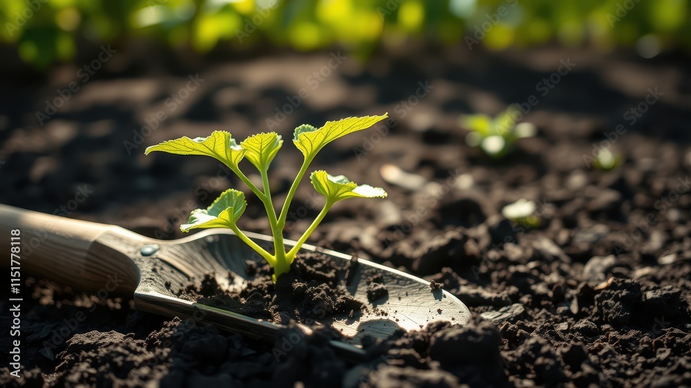 A tiny sprout emerges from dark soil within a gardening tool, symbolizing growth and the promise of a bountiful harvest. A tiny sprout emerges from dark soil within a gardening tool, symbolizing growth and the promise of a bountiful harvest.