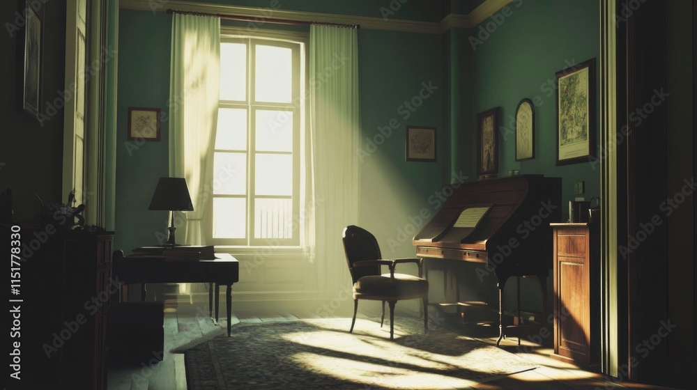 Fototapeta premium Sunlit Antique Room With Desk Chair And Slanted Writing Desk