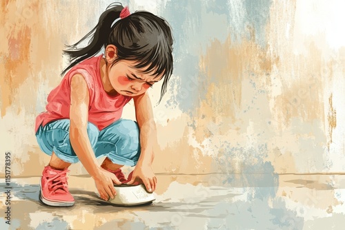 Little Girl Struggling To Put On Her Shoe