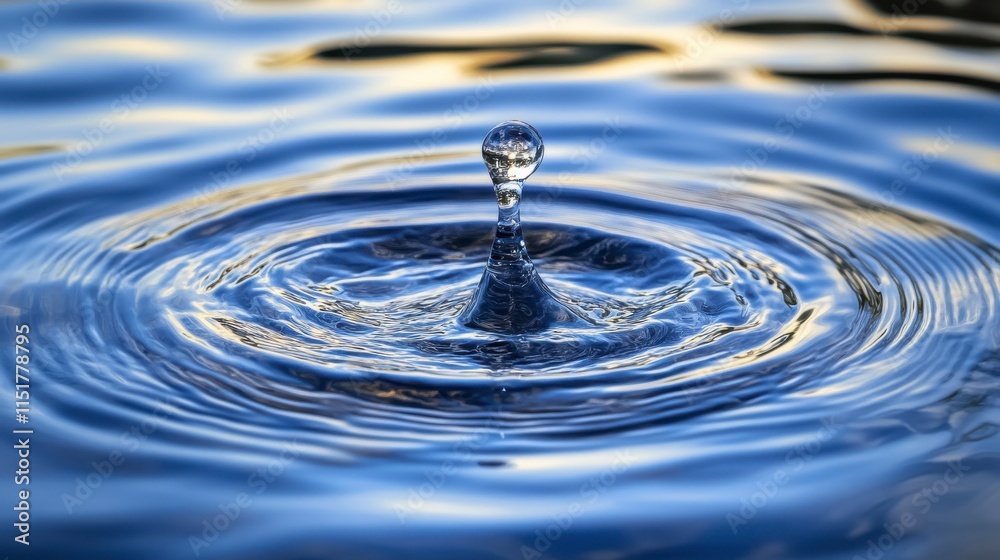 A clear water drop splashes into a blue liquid surface, creating a ripple of abstract circles A clear water drop splashes into a blue liquid surface, creating a ripple of abstract circles