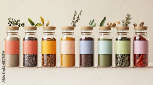 Fototapeta Naklejka Na Ścianę i Meble -  photo realistic row of spice bottles, with mockup lable