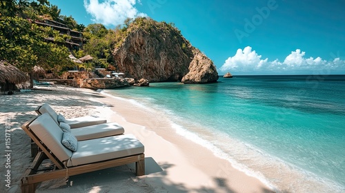 A beach in a tropical paradise with a sun lounger overlooking the azure ocean 