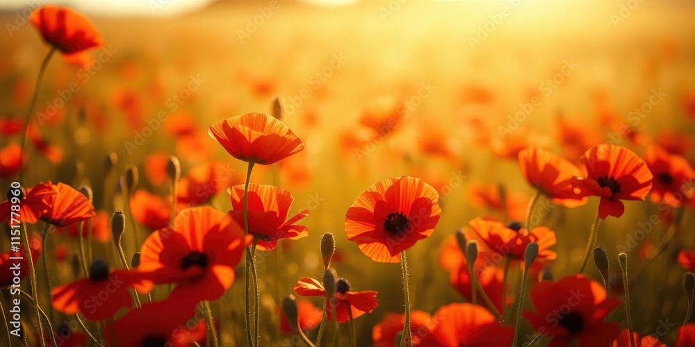 Obraz premium Golden Hour Poppy Field Vibrant Blooms Basking in Sunlight