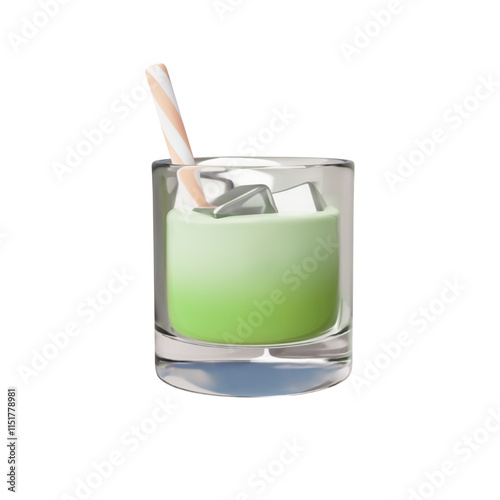 Glass of green juice with ice cubes and tube 3D plastic cartoon vector icon, fresh tea or cocktail beverage drink menu