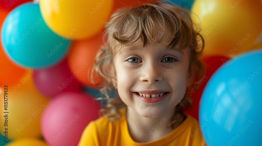 A young girl with blonde curly hair smiles with blue eyes while sitting amongst colorful balloons. A young girl with blonde curly hair smiles with blue eyes while sitting amongst colorful balloons.