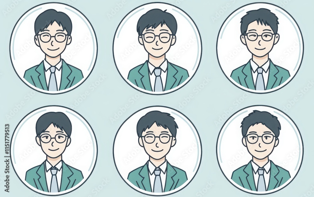 A set of round portrait icons showing Japanese high school students in uniform with short hair and glasses, wearing a light blue shirt, grey tie, and green jacket. A set of round portrait icons showing Japanese high school students in uniform with short hair and glasses, wearing a light blue shirt, grey tie, and green jacket.