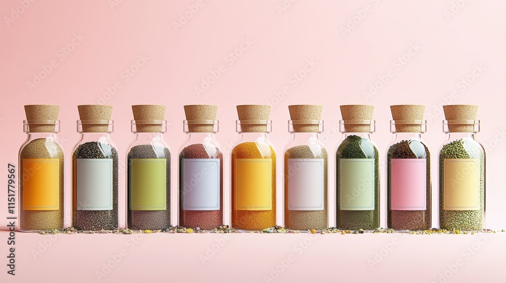 photo realistic row of spice bottles, with mockup lable photo realistic row of spice bottles, with mockup lable